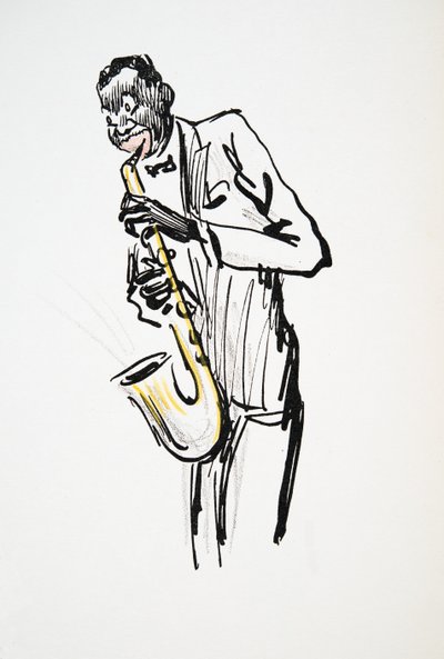 Saxophonspieler, aus White Bottoms, veröffentlicht 1927 (Farbholzschnitt) von Sem